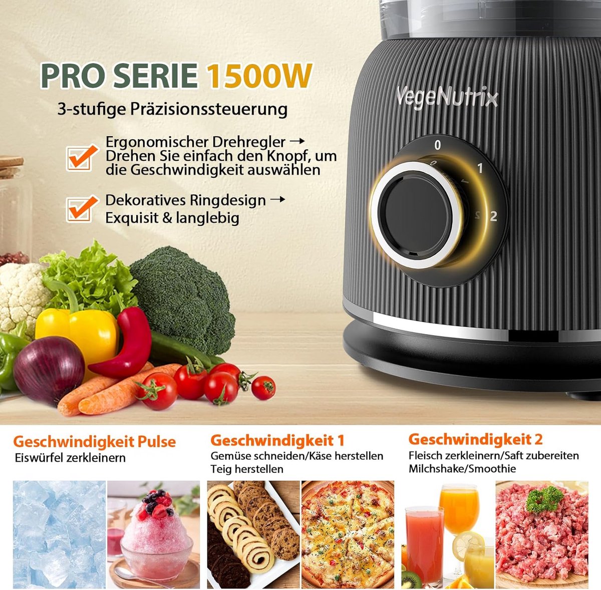 Krachtige Keukenmachine met Blender en Hakmolen - 1500W RVS Mixer met Glazen Kan — afbeelding 6