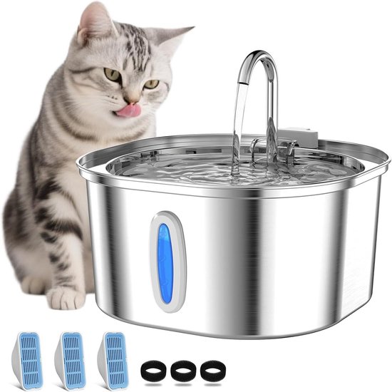 FUKUMARU Drinkfontein Voor Katten En Honden – 3,2L RVS, Stil, Met LED En 3 Filters