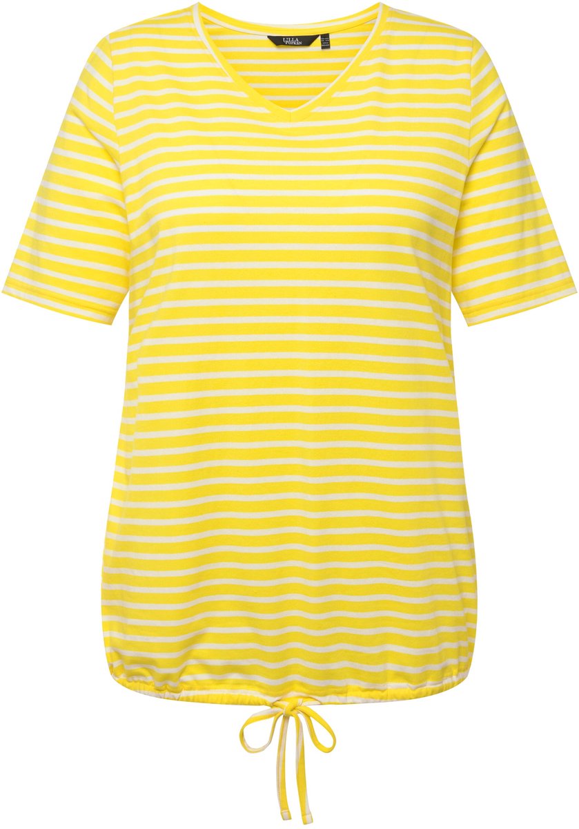 Ulla Popken - Dames - Shirt strepen zoomband V-hals halve mouwen - Boterbloem - Maat 46+
