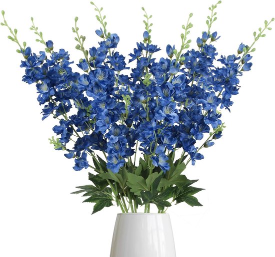 8x Lange Kunstbloemen Delphinium in Donkerblauw - Zijden Bloemen met Lange Stelen voor Hoge Vazen en Decoratie