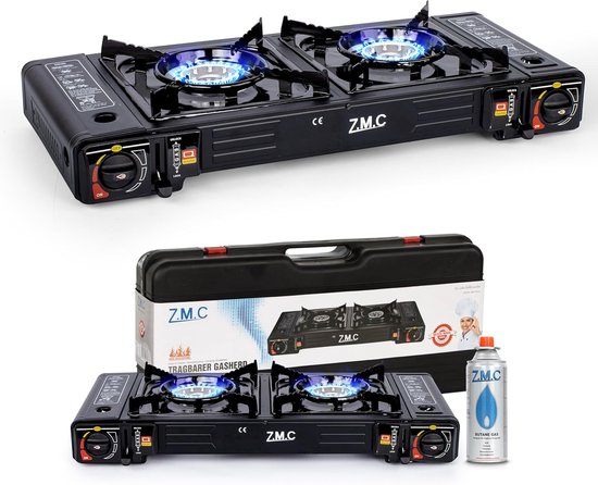 ZMC Campinggasfornuis 2-pits 2,5 kW incl. adapter voor LPG-aansluiting + opbergkoffer Campingfornuis met gaspatronen, met piëzo-ontsteking, voor gebruik binnen en buiten - Gasfornuis met 8 gaspatronen van Z.M.C — afbeelding 2