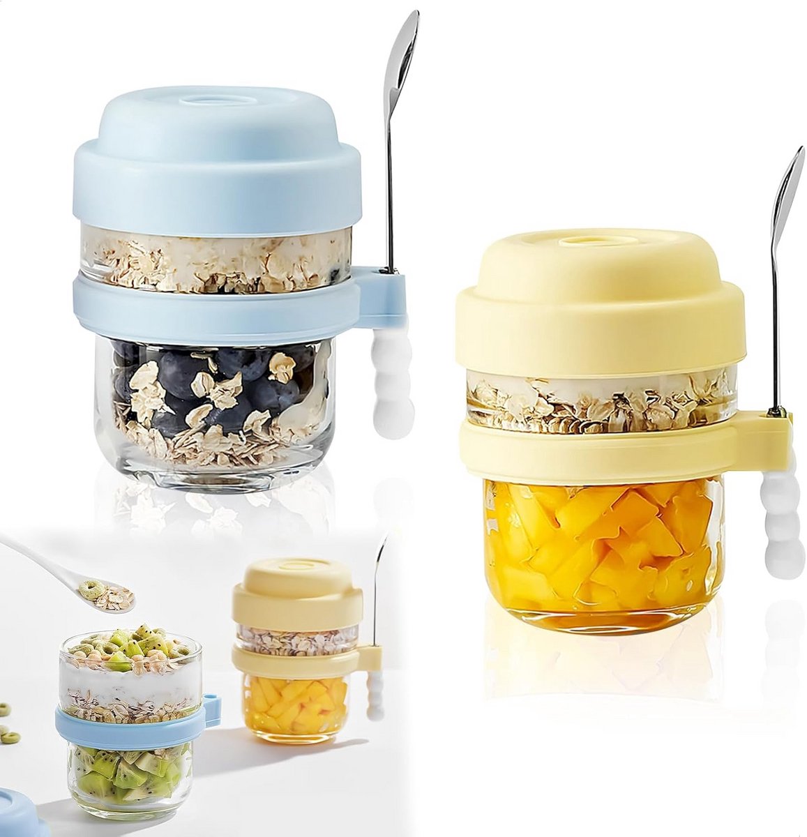 Glazen Potten met Deksel en Lepel voor Overnight Oats en Maasvoorbereiding 440ml
