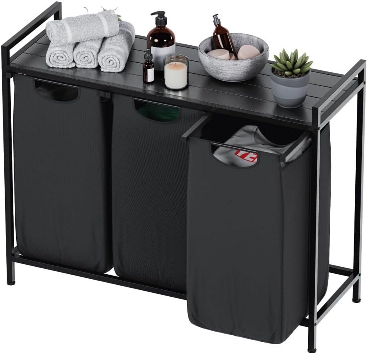 Wasmand met 3 vakken en opbergplank - Uitneembare wassorteerbak met metalen frame