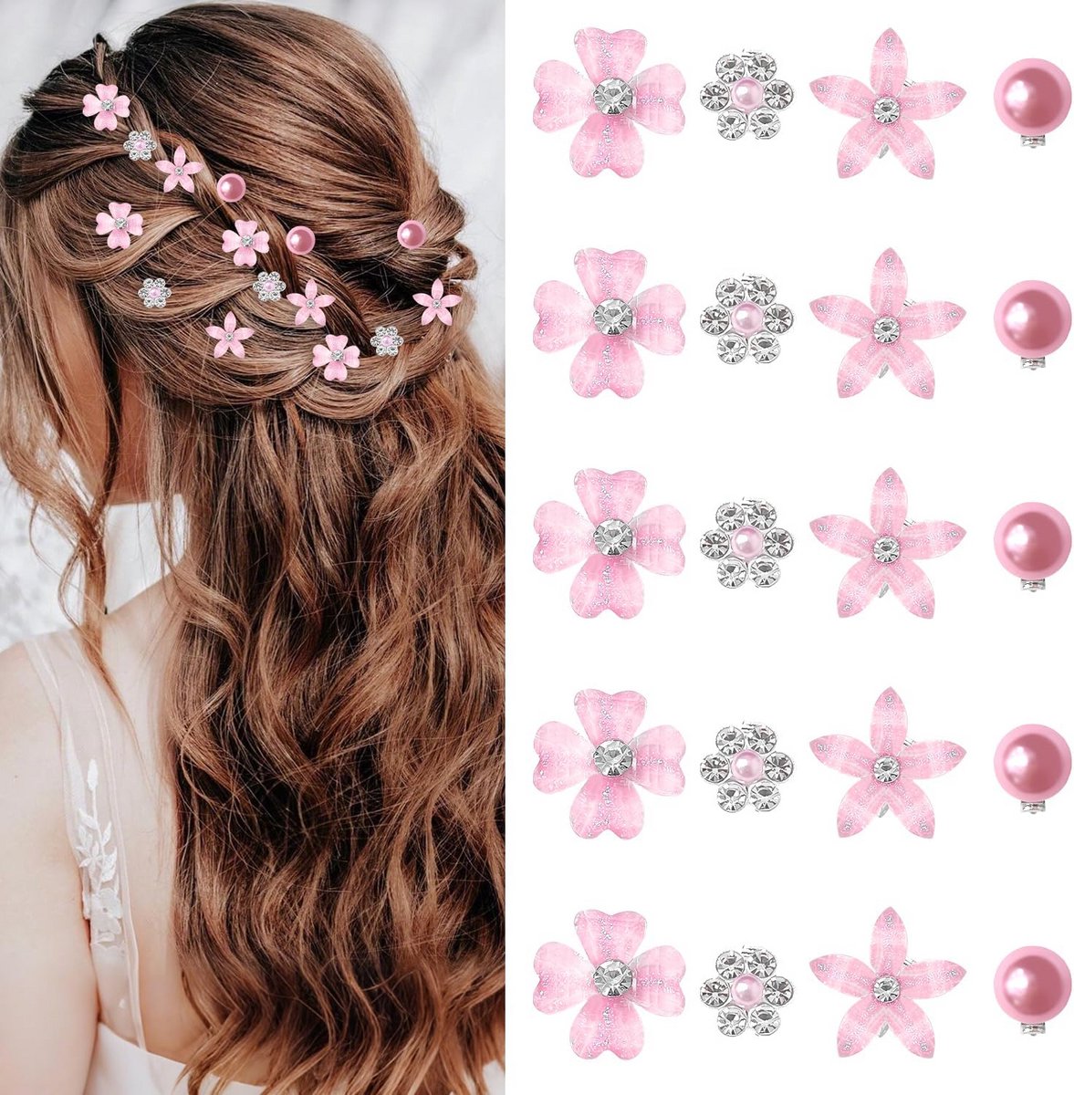 20x Mini Roze Bloem Haarspeldjes met Kristalglitter - Kleine Haaraccessoires Dames