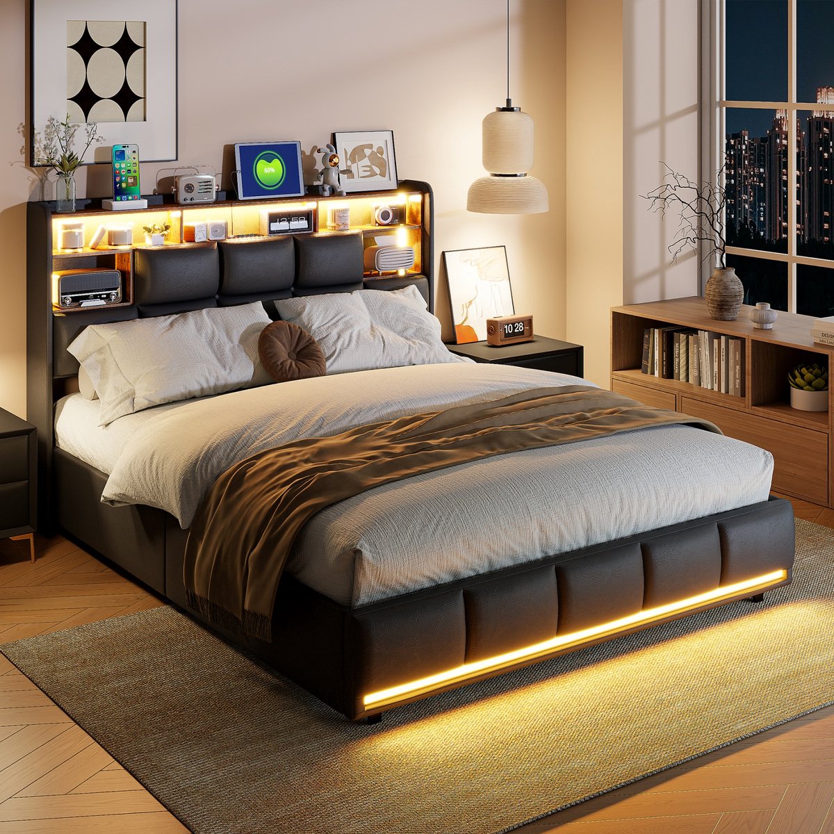Rosaqhnda Gestoffeerd tweepersoonsbed 160 x 200 cm, hydraulisch bed met ledverlichting en USB-laadstation, opbergvak, bed voor kinderen/tieners, kunstleer, zonder Zwart