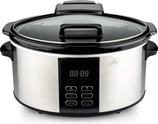 RVV® Slowcooker met Timer - Crockpot - Stoompan - Inclusief Warmhoudfunctie - 6 Liter - Roestvrij staal - 40cm x 32cm x 24cm