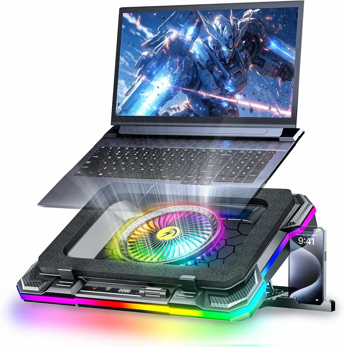 Krachtige Laptop Koeler met RGB Verlichting en Externe Ventilator voor 15,6 tot 19,4 inch