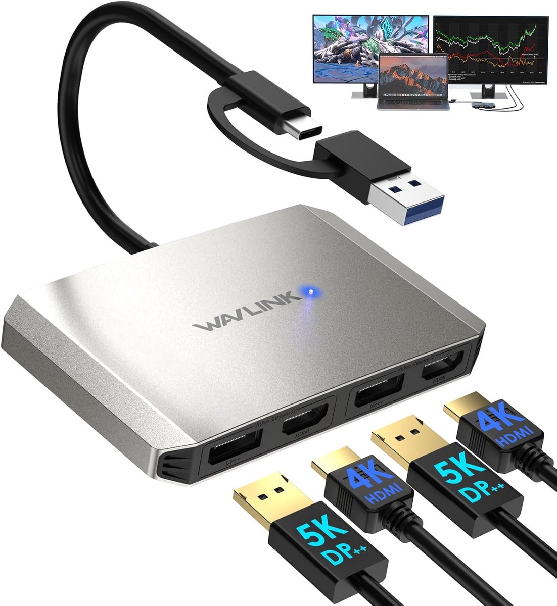 USB 3.0/USB C naar Dual DisplayPort HDMI Adapter 4K@60Hz Monitor Hub