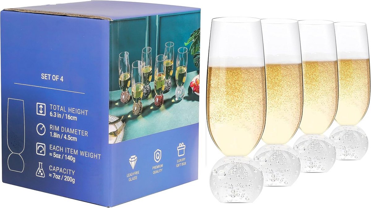 Set van 4 Luxe Champagne Fluiten Kristallen Glazen Bruiloft Feest