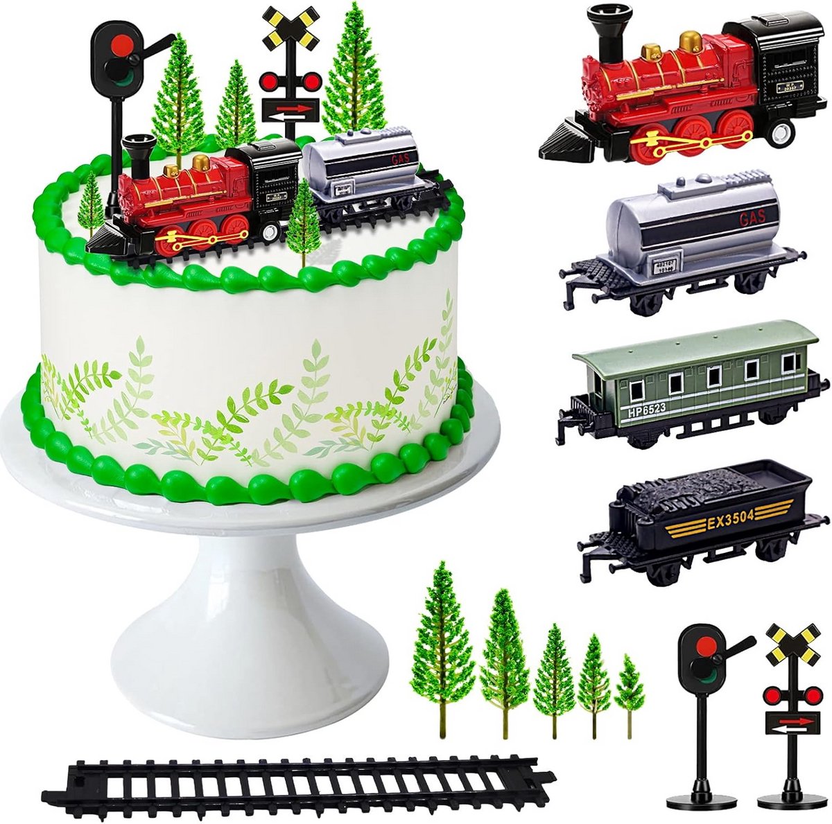 13-Delige Trein Taartdecoratie Set voor Kinderen - Mini Trein, Spoorweg en Verkeerslichten Thema