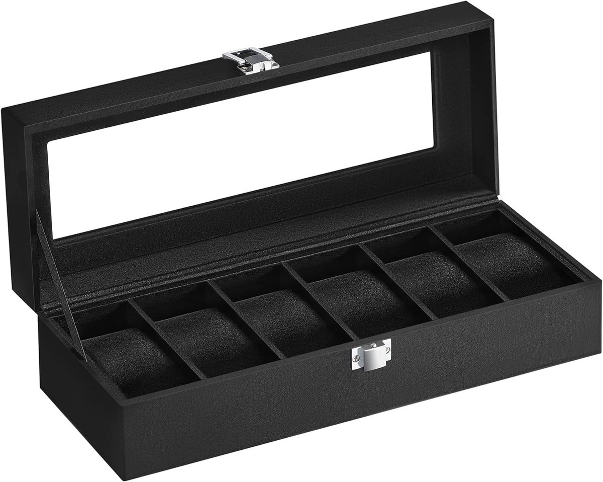 Horlogedoos met 6 vakken, horlogebox, juwelenkistje, met glazen deksel, uitneembare kussentjes, metalen slot, zwarte coating en zwarte voering