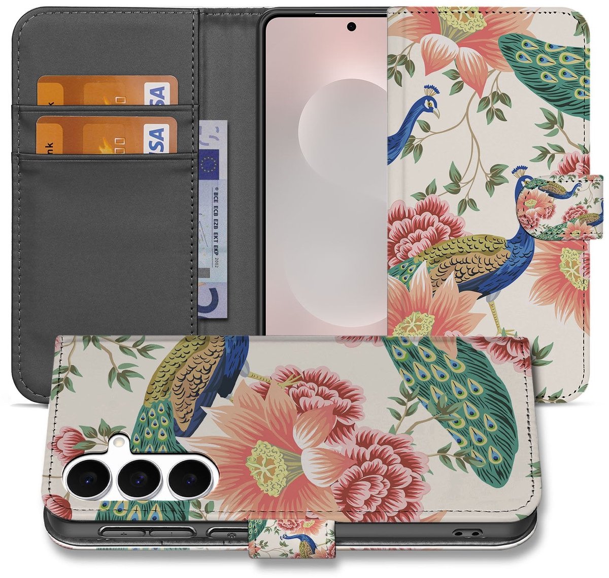 Samsung Galaxy S25 FE Hoesje Met Pasjes Pink Peacock PU Leer 3 Pasjes