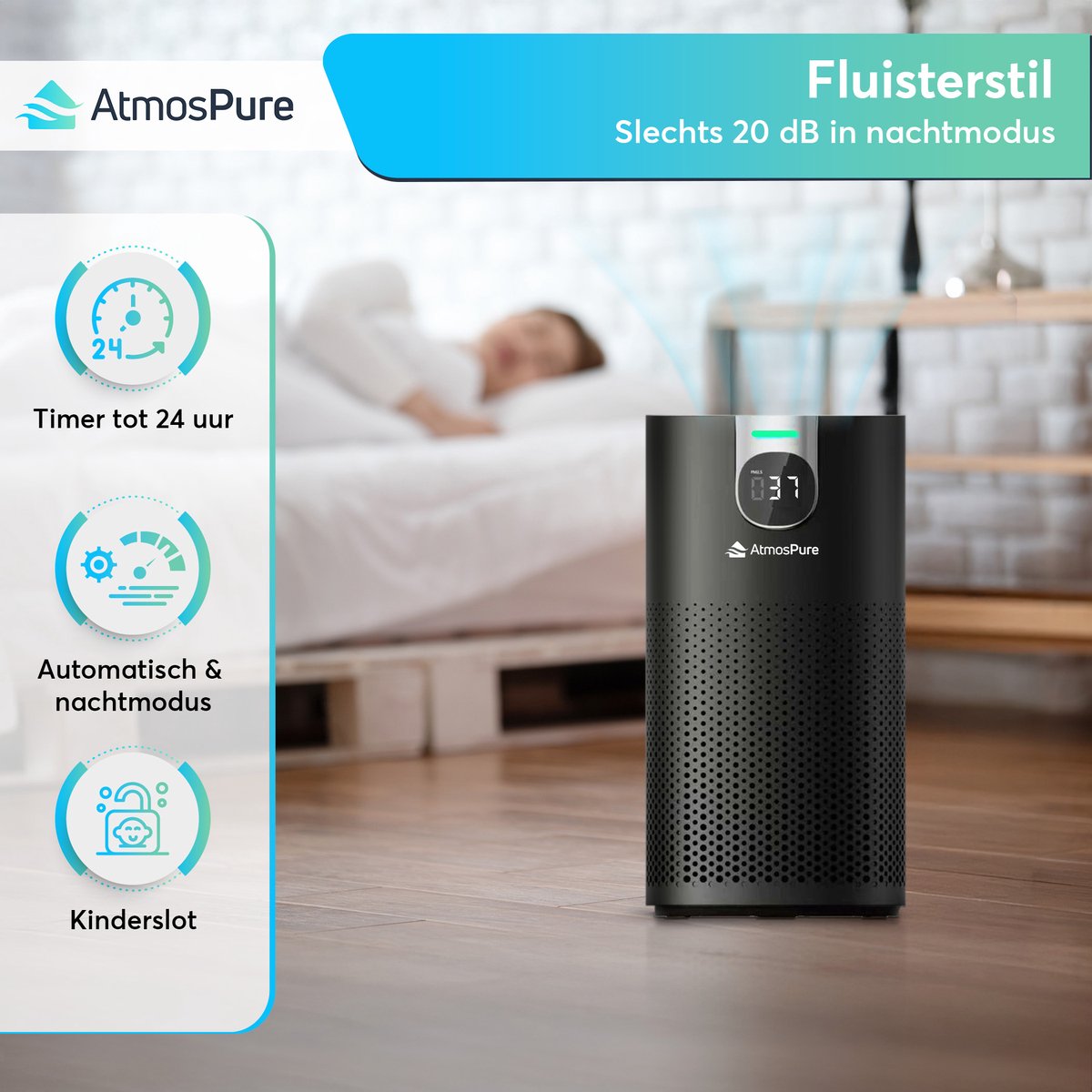 AtmosPure® CleanAir Luchtreiniger - Air Purifier met vervangbaar HEPA 13 + Koolstof filter - CADR 250 m³/h - Zwart - Voor 98 m² - Filtert pollen, huisstofmijtallergenen en fijnstof - 3 standen + stille slaapstand - Luchtkwaliteit Sensor — afbeelding 7
