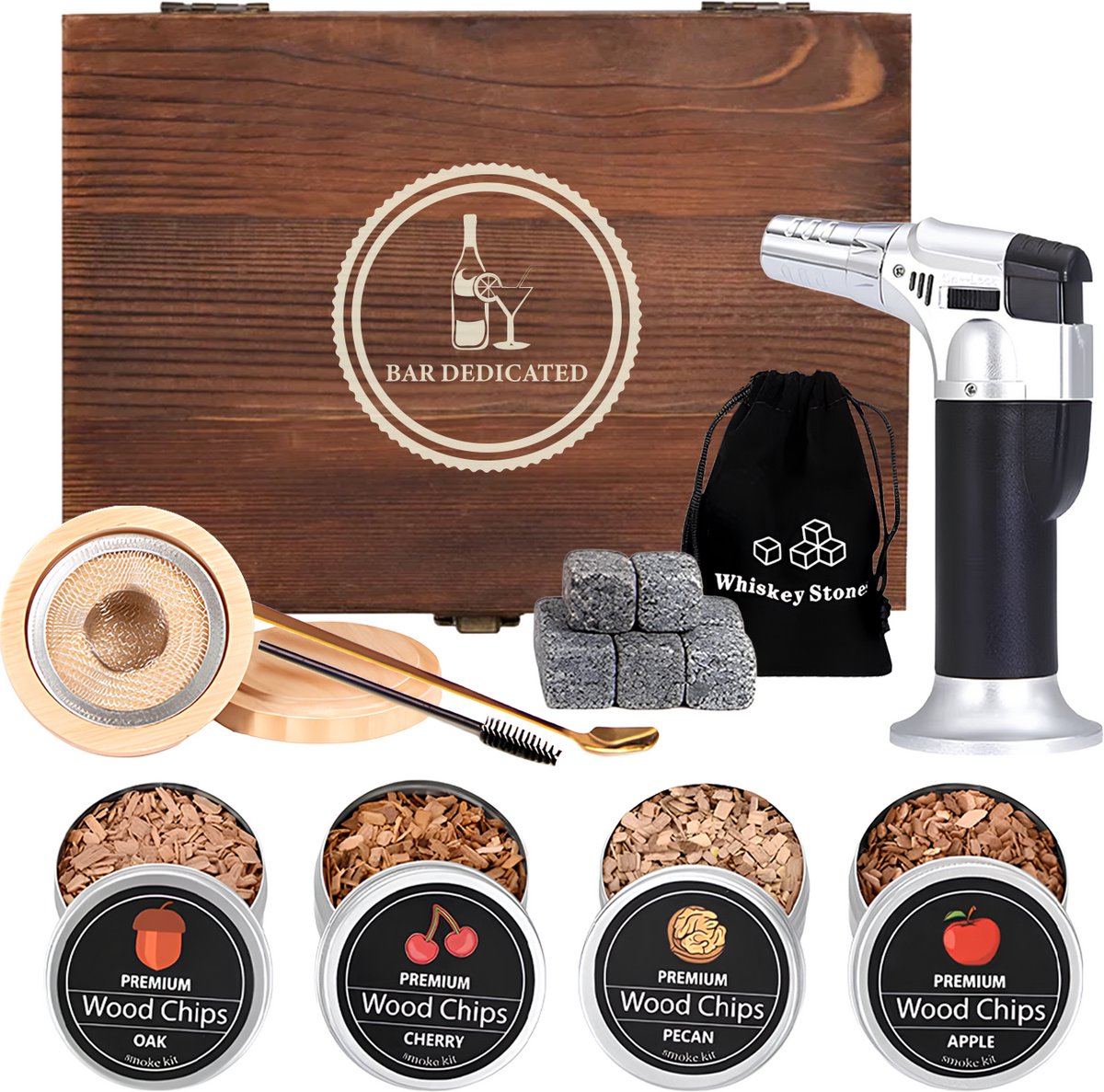 Bar Dedicated Cocktail Smoker Kit – All-in-One Whisky & Cocktail Smoker Set met 4 Houtsmaken, 8 Whiskey Stones, Torch & Premium Gift Box – Voor Gerookte Cocktails & Whiskey Lovers