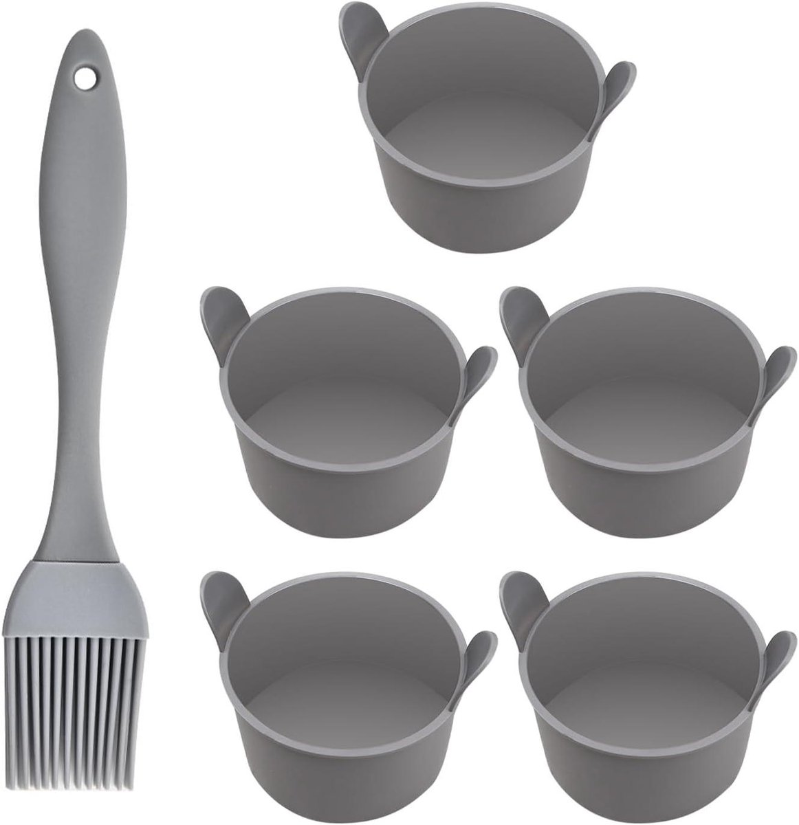 Grijze siliconen bakvormpjes voor heteluchtfriteuse - set van 5 met olieborstel