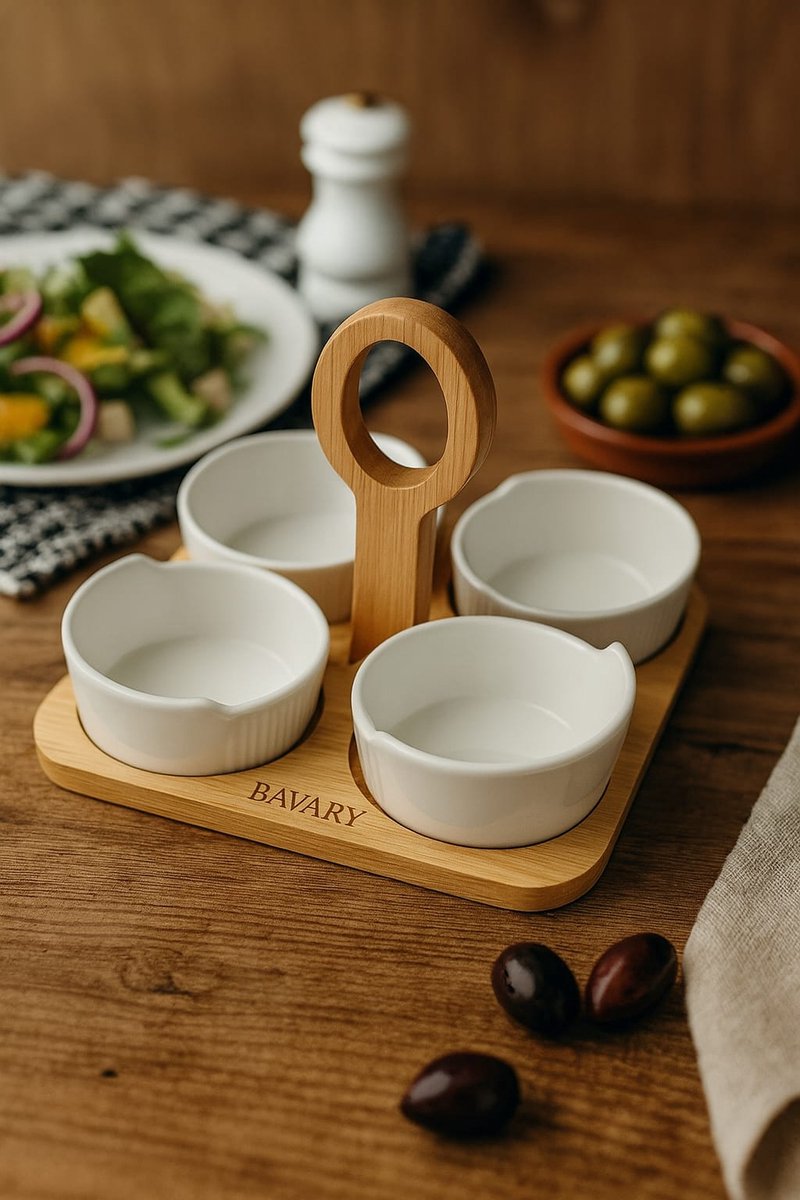 Bavary Collection Linens – 4 Porseleinen Kommetjes 225 ml met Bamboeschaaltje – Luxe Serveerset