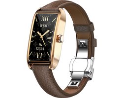 WizBay Premium Select® 1.13 Inch AMOLED Smartwatch Goud met Donker Bruin Leren Band – Hartslag, Bloeddruk SpO₂ Monitoring – Fitness Tracker – Elegant Vierkant Design – Android iOS