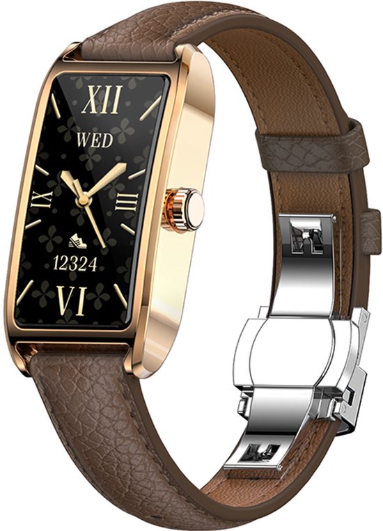 Goudkleurig horloge met bruine leren band en groen wijzerplaat met bloemenpatroon.