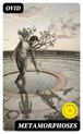 Livre 'Métamorphoses' avec logo Ovid. Un homme avec des branches d'arbre dans le dos et sur les bras, debout dans une fontaine. Ombres d'un cerf et d'un oiseau au sol.