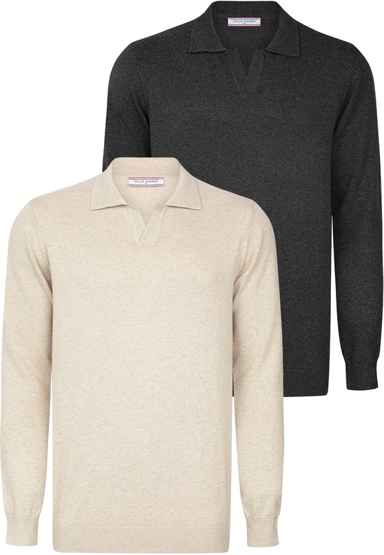 Felix Hardy Pullover Met Polokraag - 2 Pack Polo - 100% Katoen Heren Beige-Antraciet - L