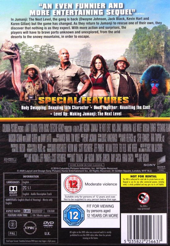 DVD-hoes van Jumanji: The Next Level met de hoofdrolspelers, berglandschap en een struisvogelachtig dier.