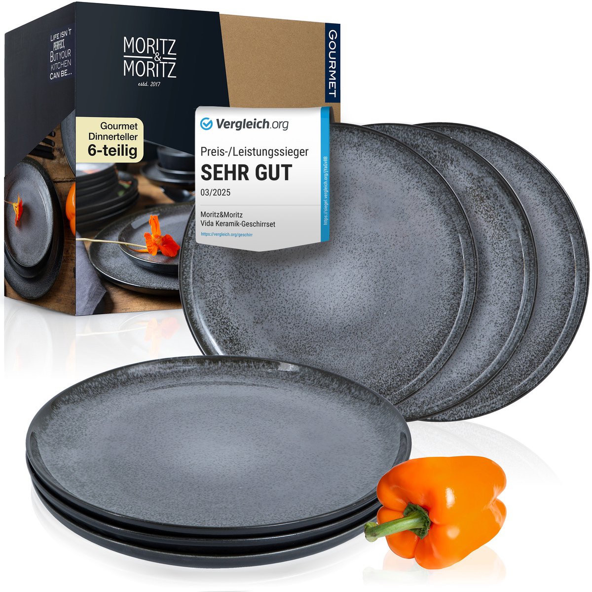 Moritz & Moritz VIDA 6-delige Dinerborden Set - Antraciet Porselein Borden voor 6 Persoons 27cm