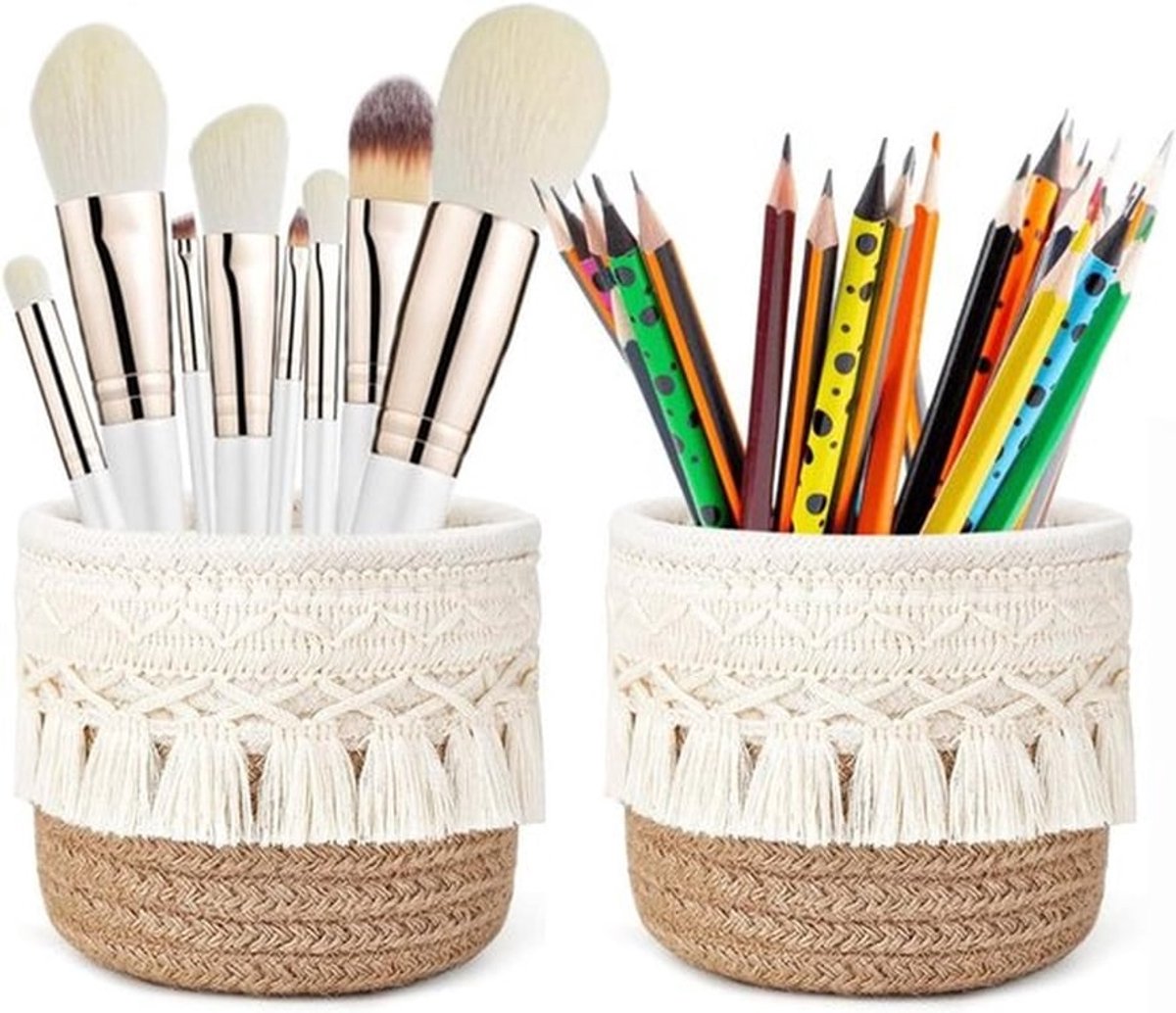 Gevlochten make-upborstelhouders in boho-stijl - Set van 2 - Cosmetica-organizer voor make-upkwasten, pennen en accessoires - Wit en kaki - 10 x 10 cm