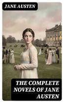 Cover van 'The Complete Novels of Jane Austen' met een vrouw in een crèmekleurige jurk en een blauwe ceintuur, staand op een grasveld voor een landhuis.