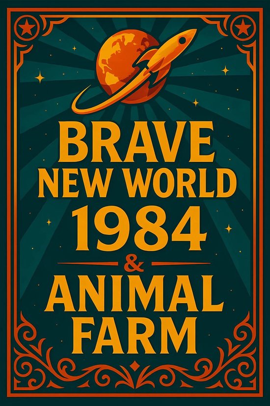 Affiche avec le texte 'BRAVE NEW WORLD 1984 & ANIMAL FARM'. Une fusée tourne autour d'une planète au centre.