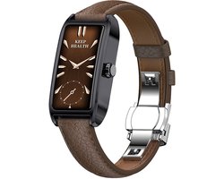 WizBay Premium Select® 1.13 Inch AMOLED Smartwatch Zwart met Donker Bruin Leren Band – Hartslag, Bloeddruk SpO₂ Monitoring – Fitness Tracker – Elegant Vierkant Design – Android iOS