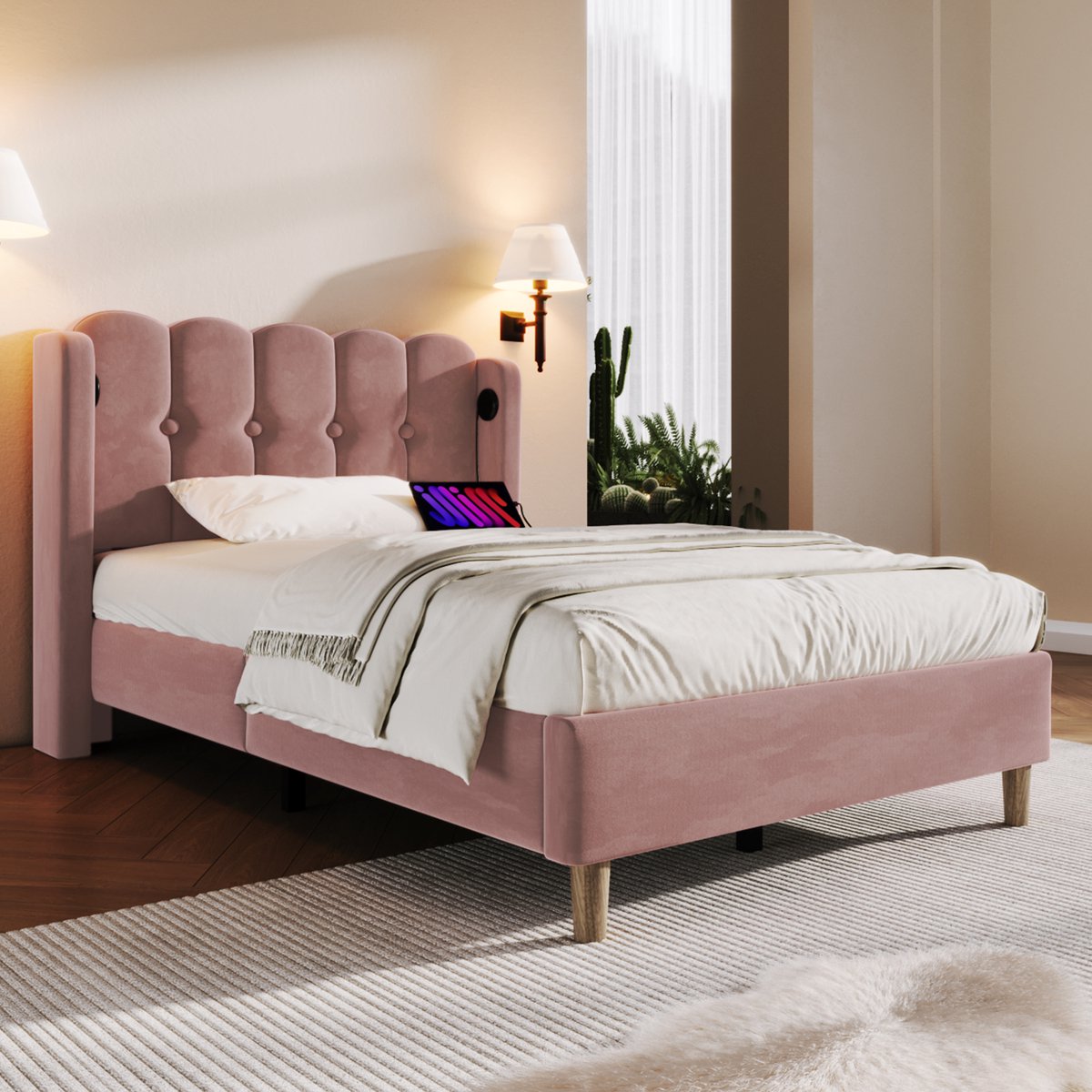 MODFU Bedframe 90x200 cm – roze fluweel – met USB/Type-C, paneelhoofdbord en lattenbodem Roos