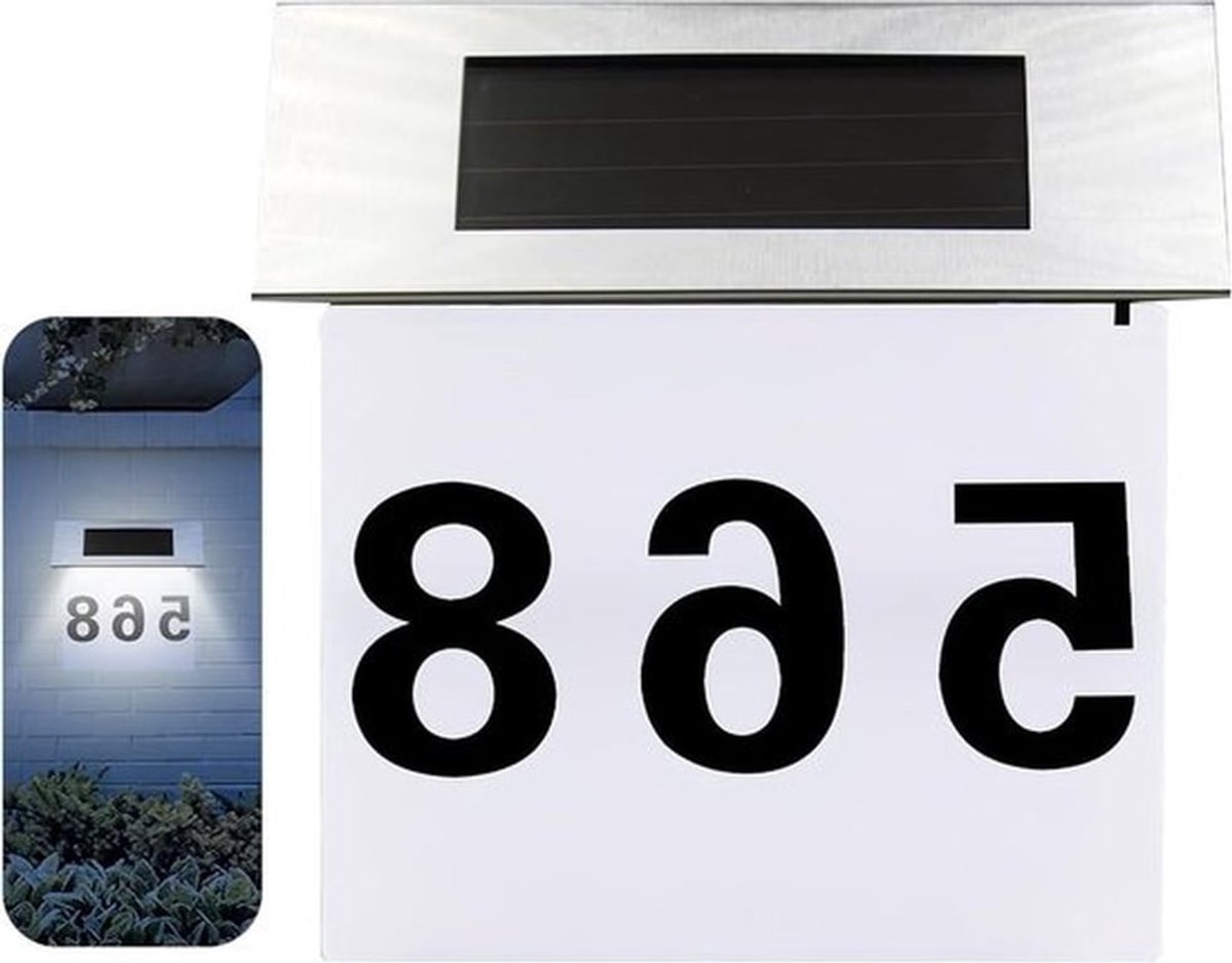Zonne-energie Huisnummer met LED-verlichting en Schemerschakelaar - Waterdicht - Buiten - Cijfer- en Letterstickers