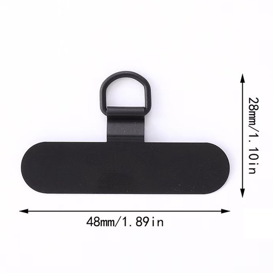 Zwarte telefoonpatch met D-ring, 4,8 x 2,8 cm.
