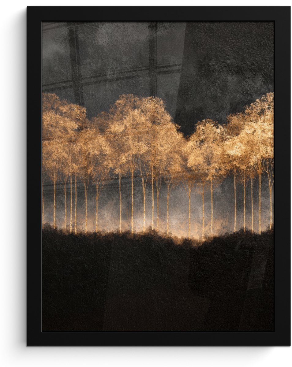 FrameYourWall Poster in lijst - Fotolijst 30x40 cm - Posters - Gouden Bomen in Mistig Landschap - Posterlijst zwart - Decoratie - Wanddecoratie woonkamer - Muurdecoratie slaapkamer Bomen - Mist - Goud