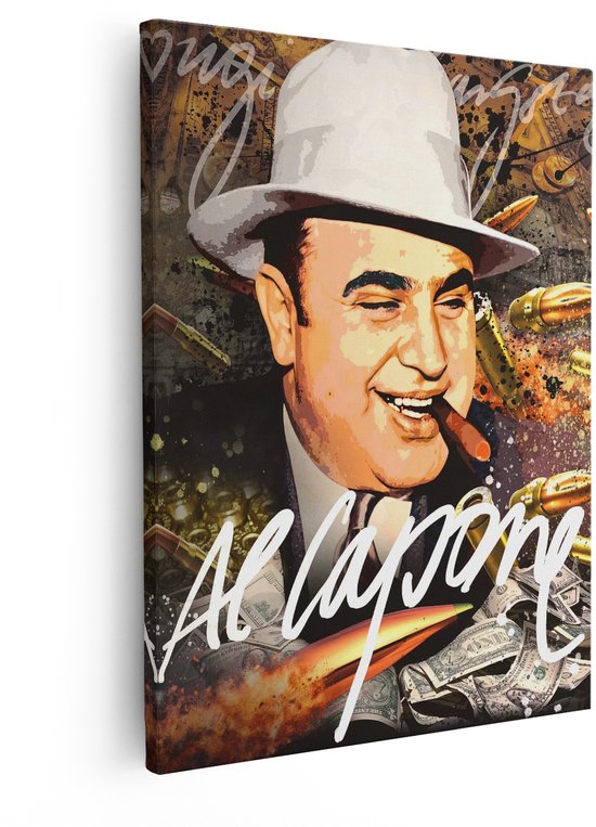 Artaza Canvas Schilderij Al Capone Portret met Sigaren - Geld en Kogels - Iconische Gangster - 80x100 cm - Groot - Wanddecoratie Woonkamer - Schilderijen - Muurdecoratie