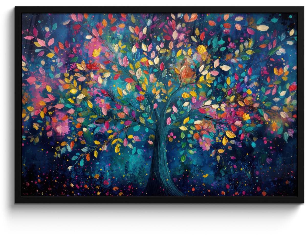 FrameYourWall Poster in lijst - Fotolijst 90x60 cm - Posters - Kleurrijk - Boom - Magisch - Abstract - Posterlijst zwart - Decoratie - Wanddecoratie woonkamer - Muurdecoratie slaapkamer