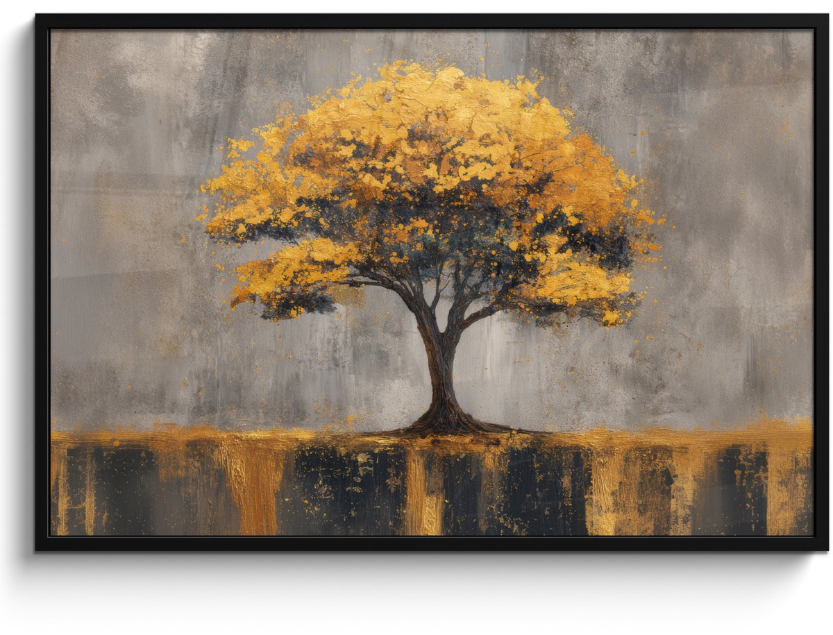 FrameYourWall Poster in lijst - Fotolijst 120x80 cm - Posters - Boom - Bladeren - Goud - Abstract - Posterlijst zwart - Decoratie - Wanddecoratie woonkamer - Muurdecoratie slaapkamer