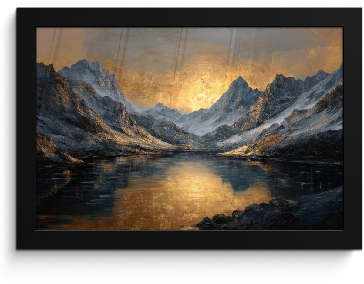 FrameYourWall Poster in lijst - Fotolijst 30x20 cm - Posters - Berglandschap met Gouden Zonsondergang - Posterlijst zwart - Decoratie - Wanddecoratie woonkamer - Muurdecoratie slaapkamer Bergen - Zonsondergang - Meer