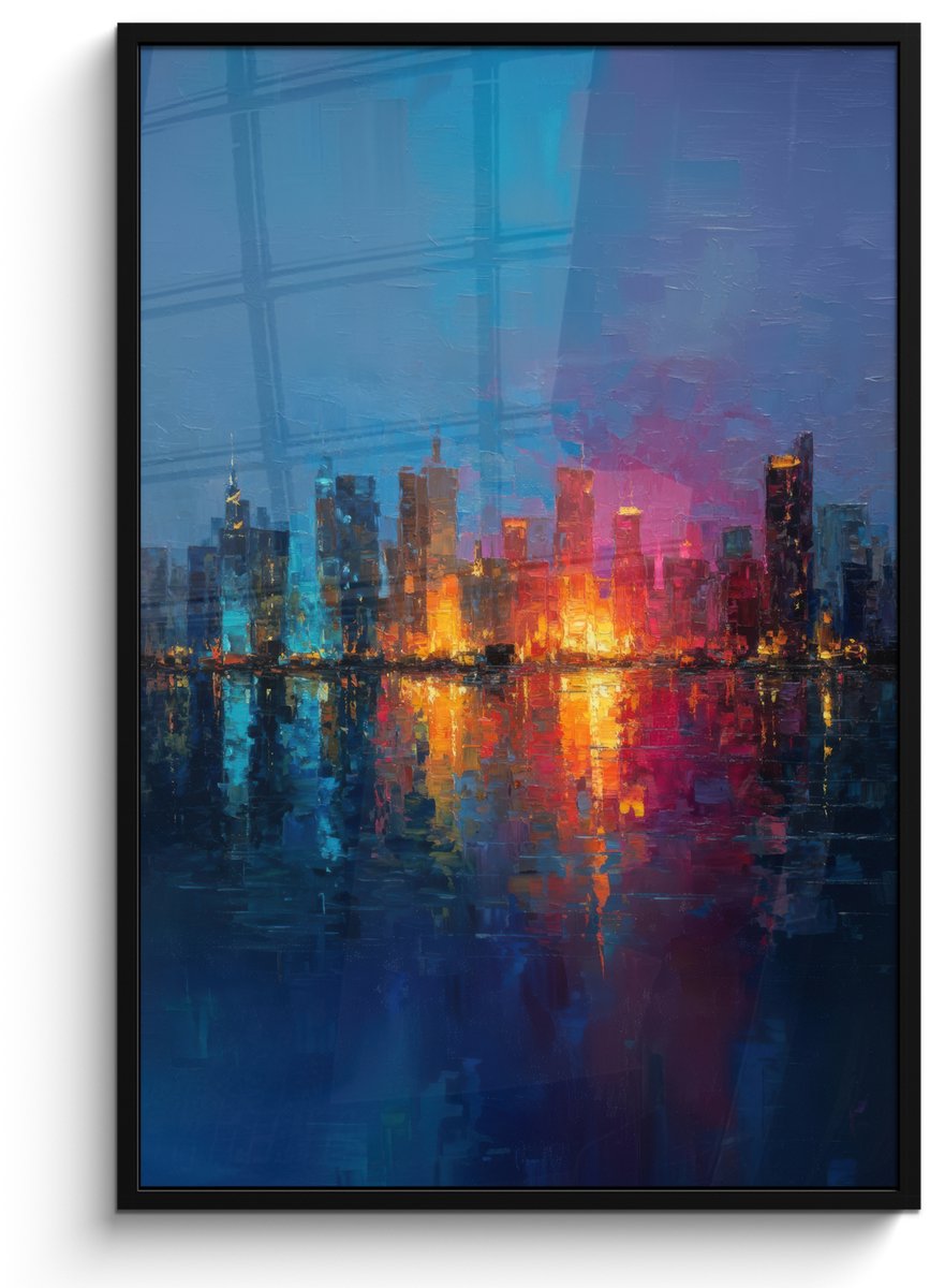 FrameYourWall Poster in lijst - Fotolijst 80x120 cm - Posters - Skyline - Penseelstreken - Donkerblauw - Lichtgevend - Posterlijst zwart - Decoratie - Wanddecoratie woonkamer - Muurdecoratie slaapkamer