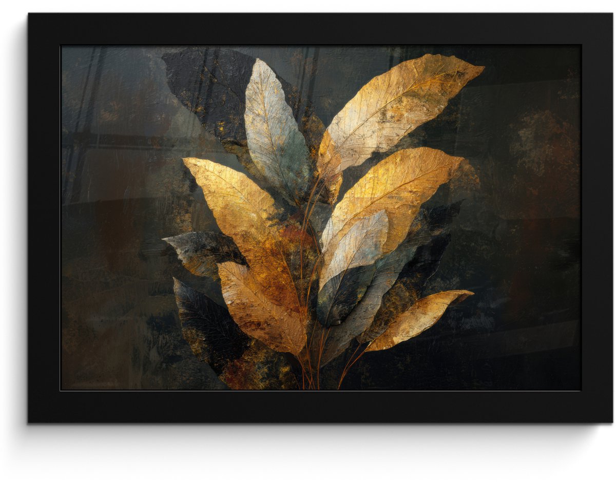 FrameYourWall Poster in lijst - Fotolijst 30x20 cm - Posters - Gouden Bladcompositie – Botanische Luxe - Posterlijst zwart - Decoratie - Wanddecoratie woonkamer - Muurdecoratie slaapkamer Bladeren - Goud - Luxe