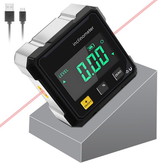 Digitale hellingmeter met een rood laserlicht dat uit de zijkant schijnt en een groen digitaal display met 0.00.