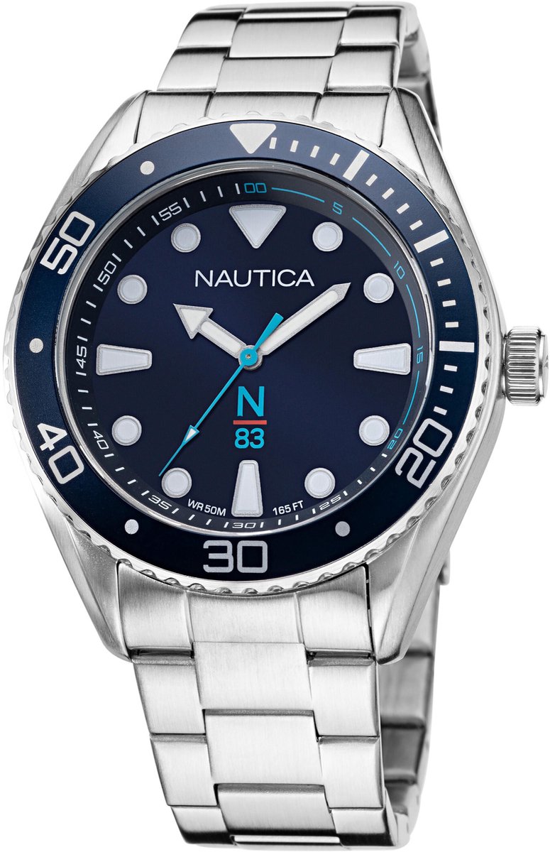 Nautica Finn World Kwarts Analoog Horloge Marineblauw En Zilver Case: 100% Stainless Steel | Armband: 100% Stainless Steel 44 NAPFWF118