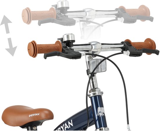 Détail du guidon d'un vélo enfant Deryan bleu foncé avec poignées marron et une sonnette.