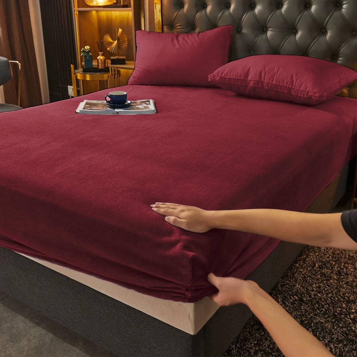 Ibenzoa Warm flanellen hoeslaken 180x200 cm met elastische rand voor wintercomfort Bordeaux