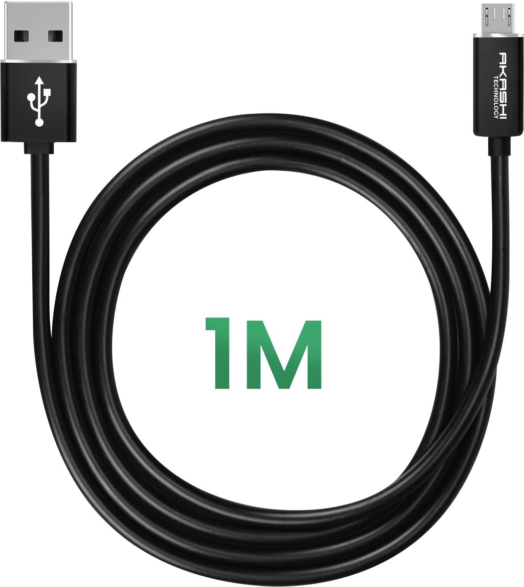 Akashi, USB naar Micro-USB oplaad- en synchronisatiekabel 1m, Zwart