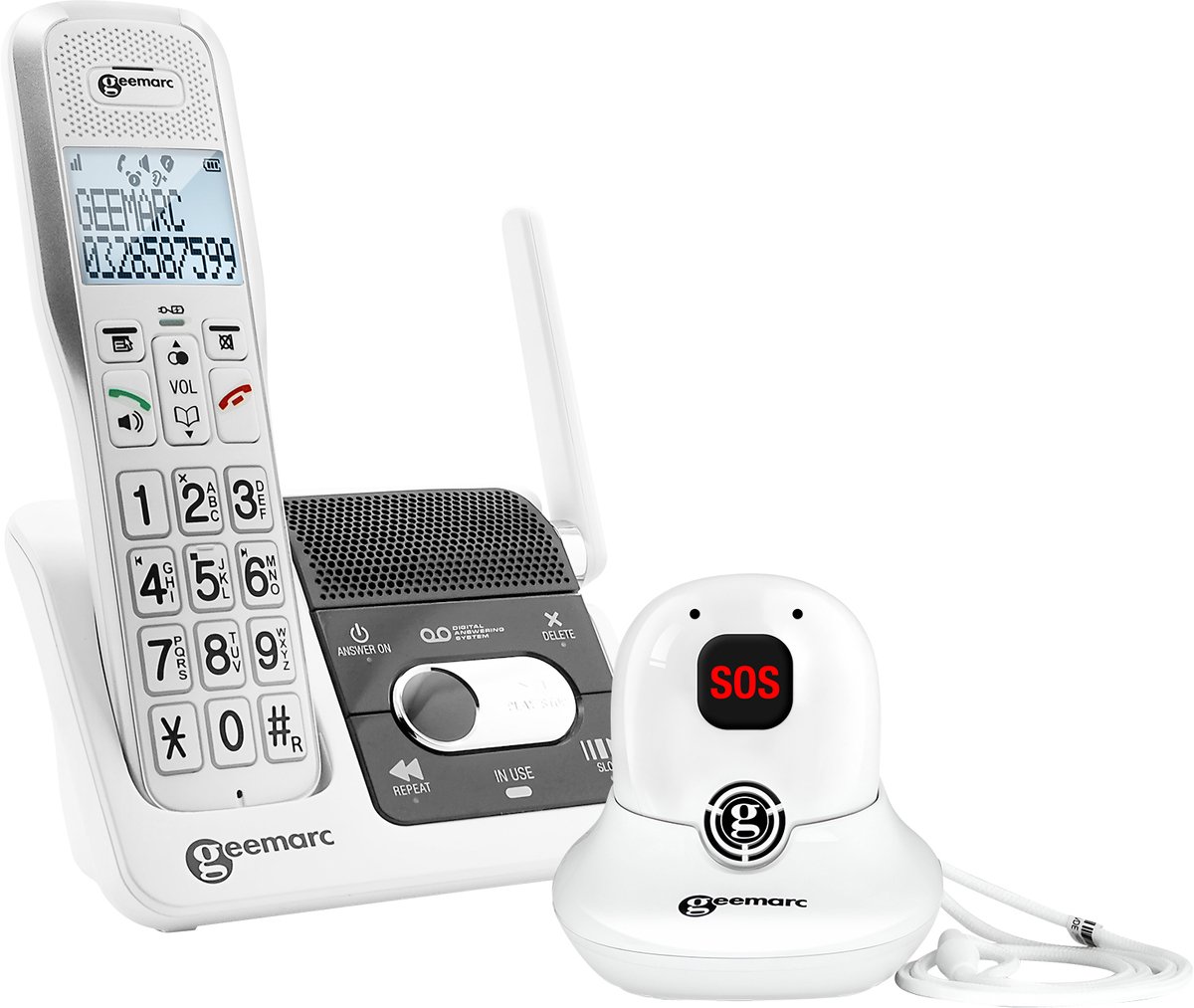 Geemarc, Vaste telefoon voor senioren met versterkte beltoon en SOS-hanger AmpliDect 595 SOS Pro, Wit