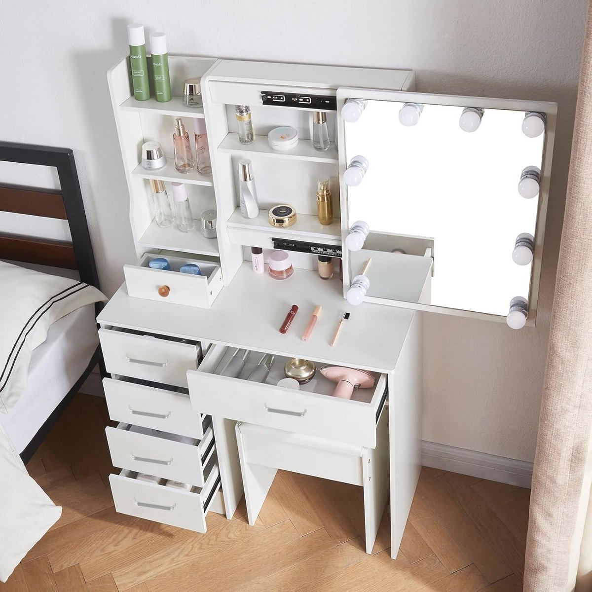 Kaptafel met spiegel - Make-up meubel - Make-up aanbrengen - Verstelbare LED verlichting - 80 x 36 cm - Wit