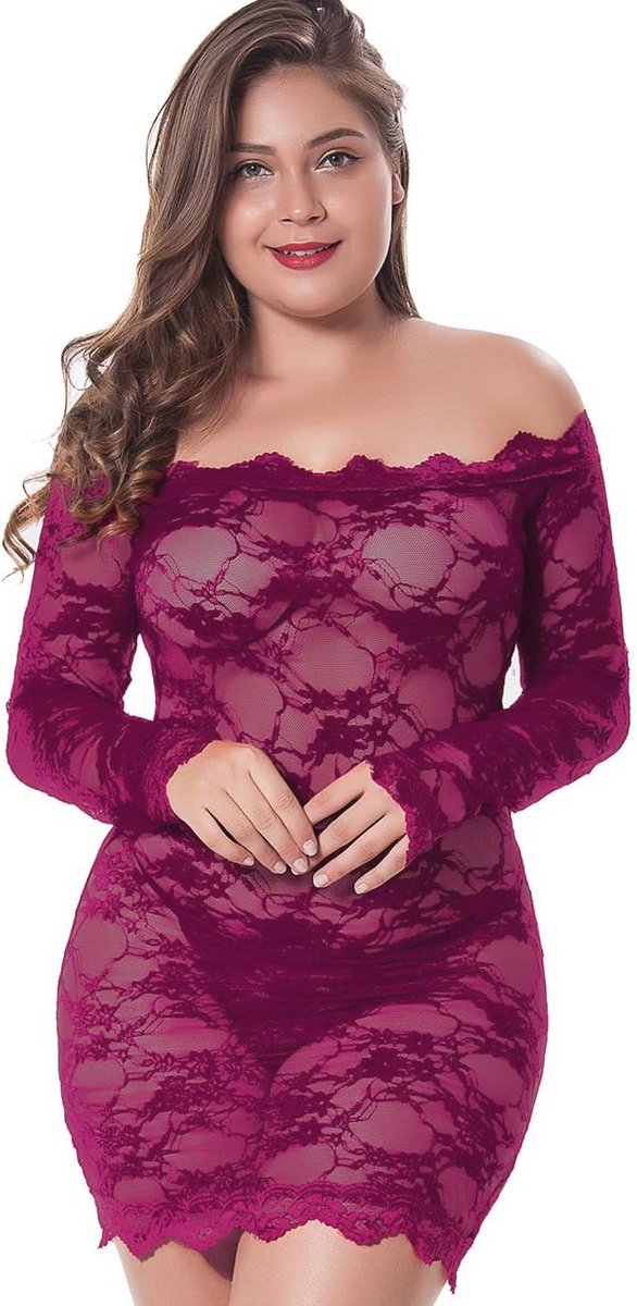 Kanten Negligé Grote Maten voor Dames - Sexy Babydoll Lingerie met Schouderloos Ontwerp