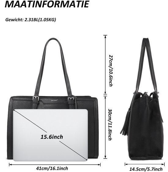 Zwarte dames laptoptas van 41 cm breed, 30 cm hoog en 14.5 cm diep, past voor 15.6 inch laptop.