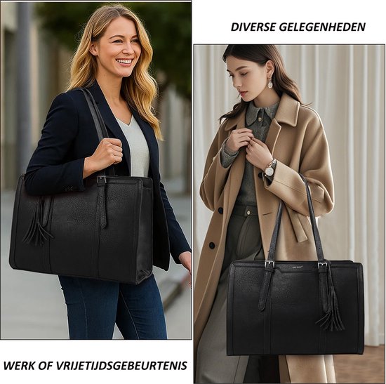 Vrouwen tonen een zwarte laptoptas voor werk of vrije tijd.